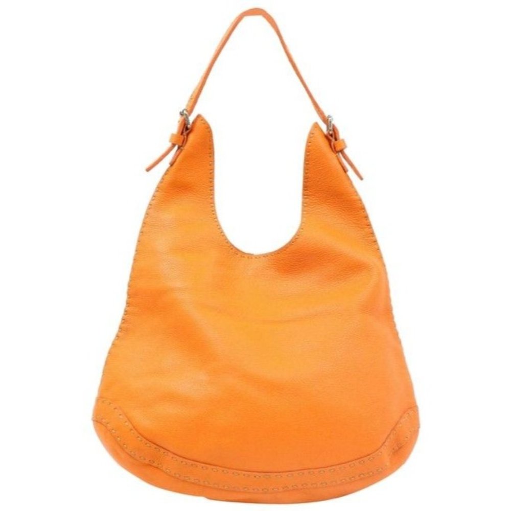 Fendi Style Shoulder Purse Orange Selleria Leather And Taupe Contrast Stitching